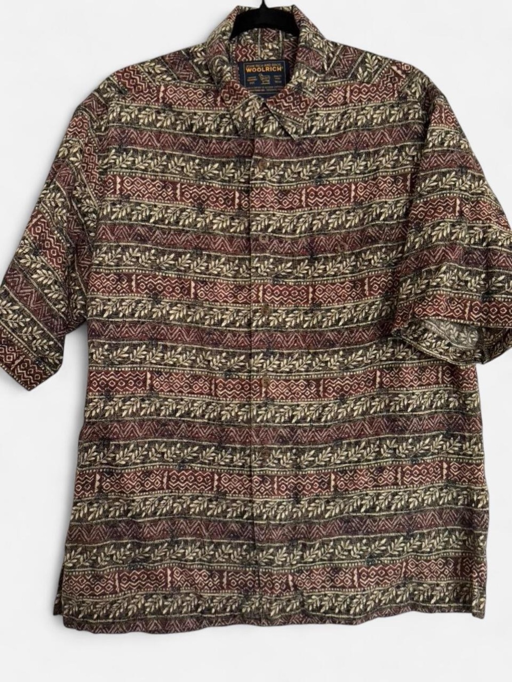 Woolrich Short-Sleeve Button-Up Shirt in Brown and Olive Pattern